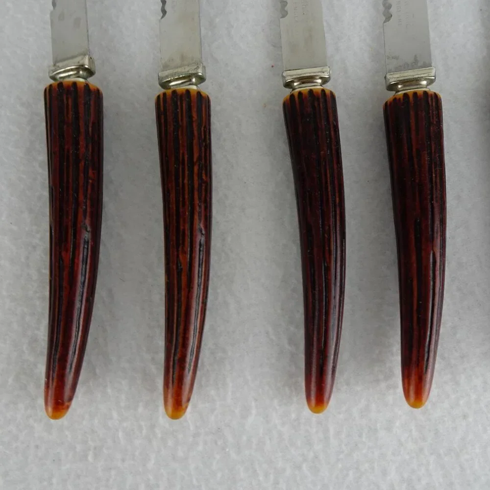 6 REGENT SHEFFIELD Steak Knives Stainless Blade Faux Antler Handle Original Box